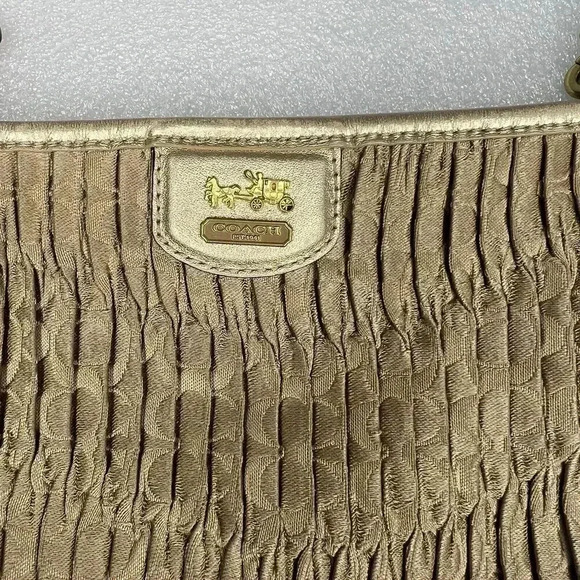 COACH Signature Madison Gold Gathered Pleated Leather Strap Handbag Wristlet - Picture 4 of 13